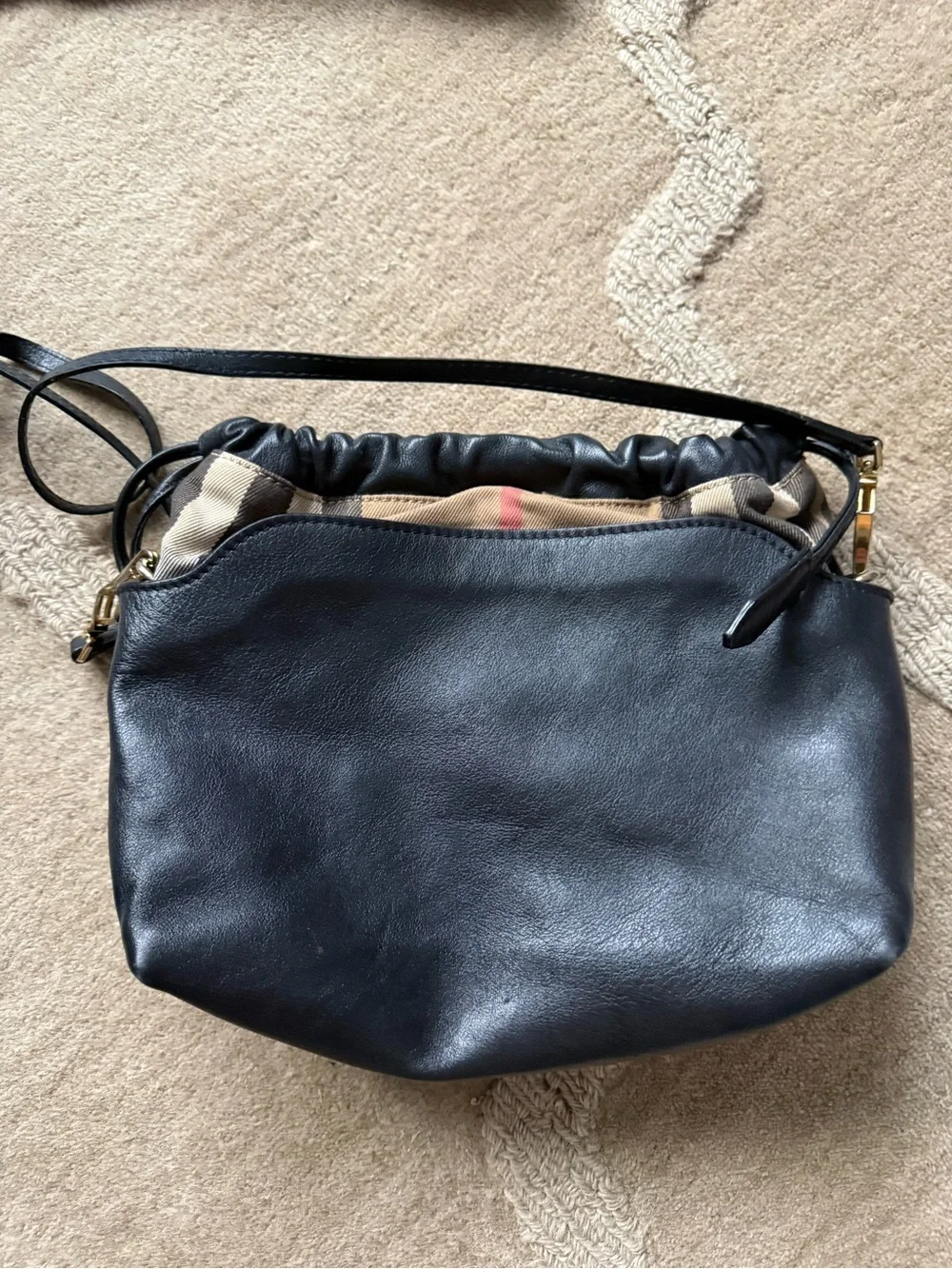 Burberry Black Leather Crossbody with Classic Check Accent